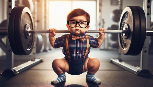 a young baby boy lifting a heavy weight above his head in a deep squat position